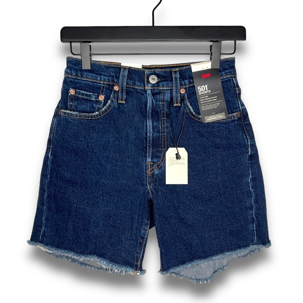 Levis Womens Denim Jean Shorts 24 501 OG High Rise Mid Thigh Long Dark Blue NEW
